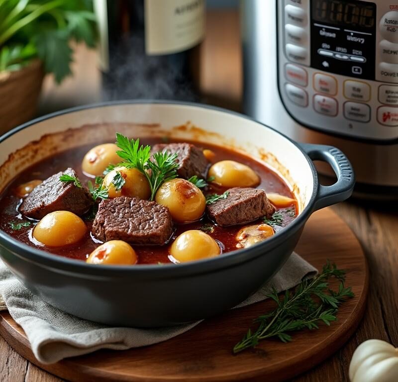 découvrez notre recette revisitée du boeuf bourguignon, le classique français préparé en autocuiseur pour un repas savoureux prêt en un temps record.