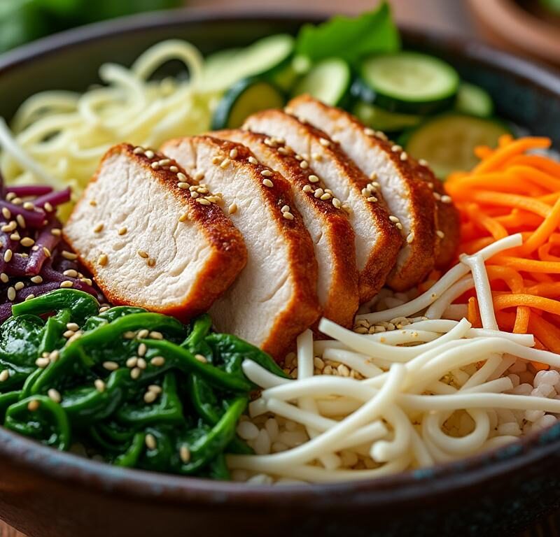apprenez à préparer un bibimbap coréen authentique avec du poulet mariné savoureux et des graines de sésame croquantes. une recette traditionnelle pleine de saveurs et de couleurs.