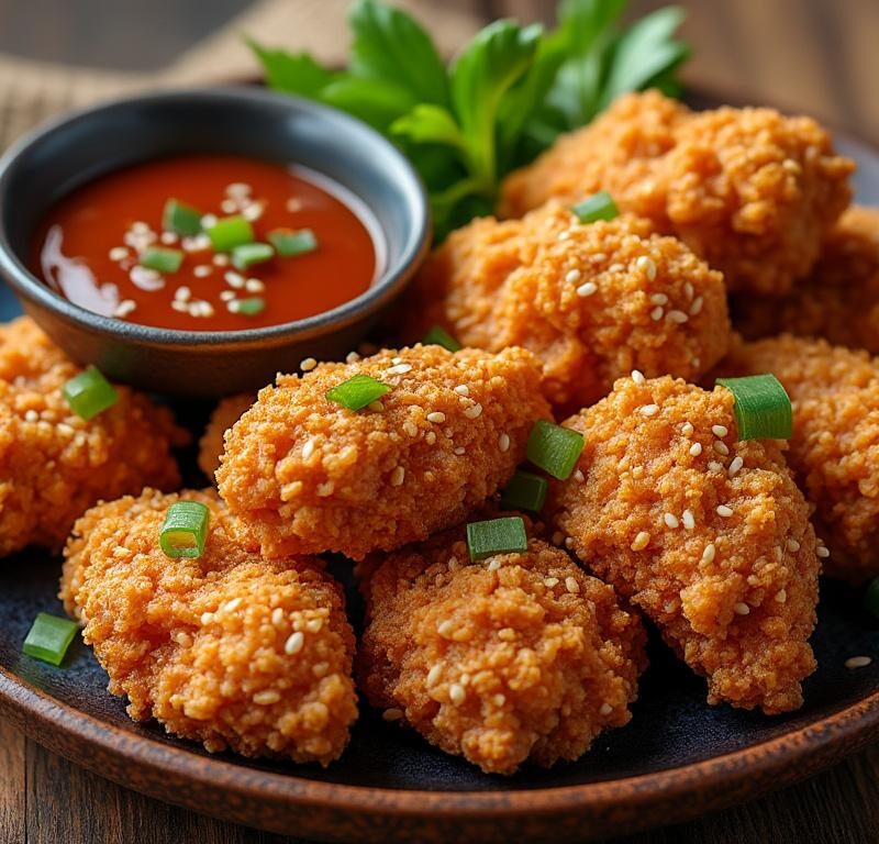 savourez notre poulet pané au sésame, croustillant et doré, accompagné d'une sauce gourmande à l'ail et au sésame pour un délice croquant inoubliable.