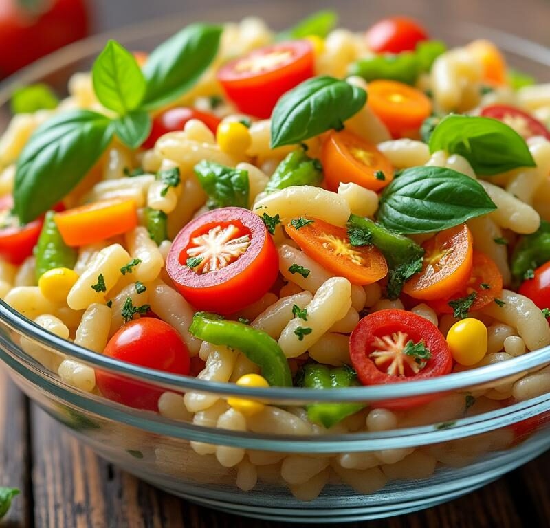 découvrez notre salade d'orzo aux légumes croquants, un délice coloré et frais parfait pour une pause repas saine et gourmande.