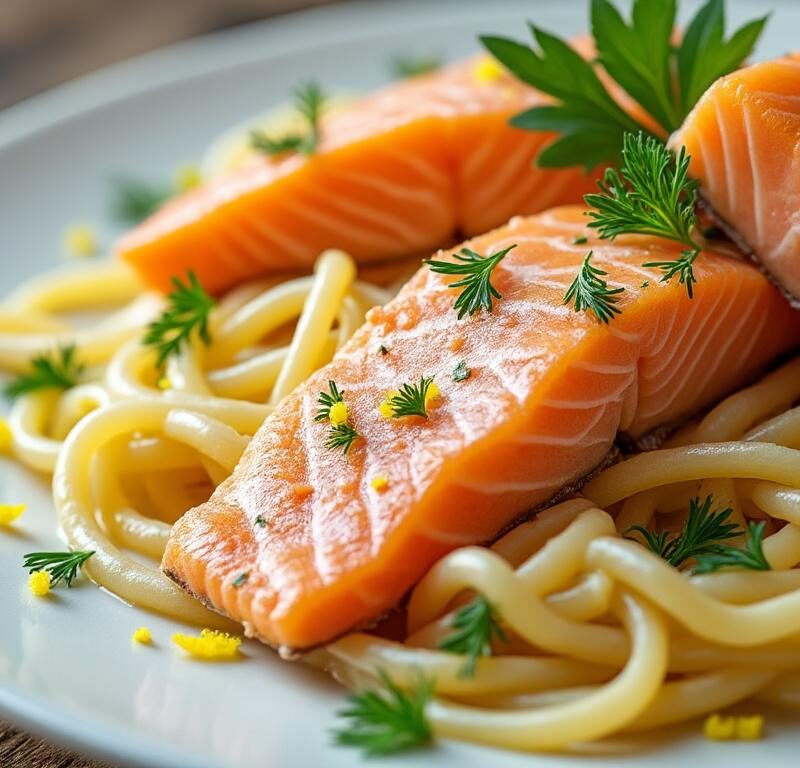 savourez un délice de pâtes au saumon frais, délicatement parfumé au citron, pour un repas gourmand et raffiné.