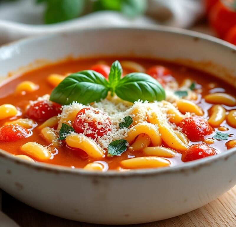 découvrez une soupe estivale onctueuse à la tomate et orzo, garnie de parmesan râpé et de basilic frais, pour un repas léger et savoureux.