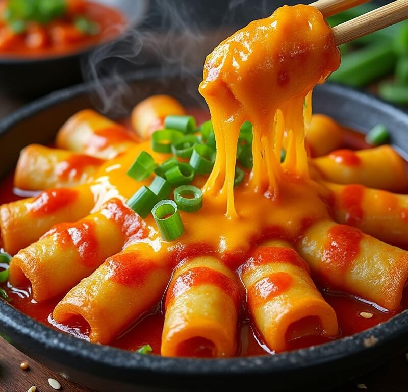 découvrez notre recette facile et savoureuse de tteokbokki au fromage fondant, un délice végétarien idéal pour un repas gourmand et réconfortant.