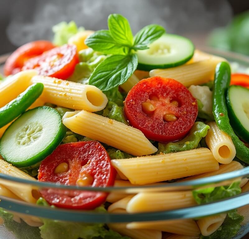savourez une salade fraîche et délicieuse de pâtes au chorizo épicé, accompagnée de légumes verts croquants pour un repas équilibré et plein de saveurs.