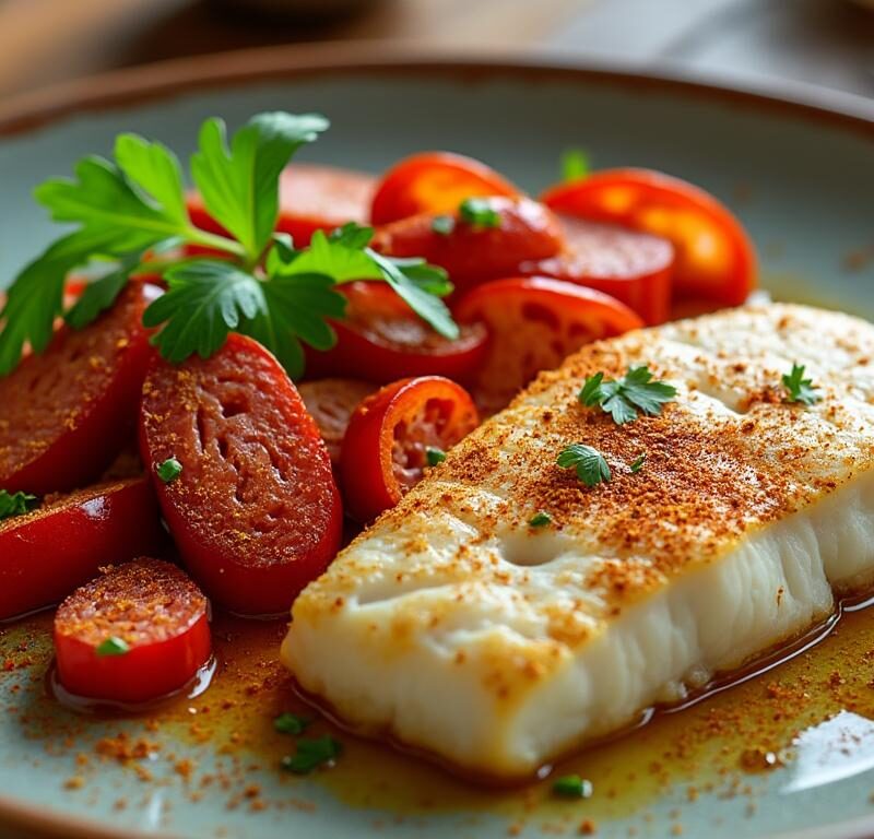 découvrez notre filet de cabillaud façon espagnole, délicatement parfumé au chorizo, pour une explosion de saveurs méditerranéennes à chaque bouchée.