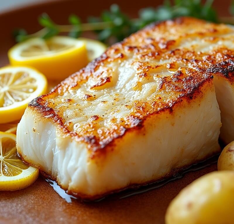 découvrez notre filet de cabillaud rôti au four, sublimé par des citrons confits et accompagné de pommes de terre fondantes pour un repas savoureux et équilibré.