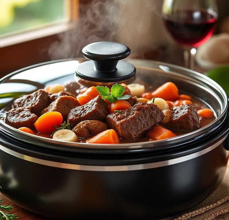 découvrez notre recette facile et rapide du bœuf bourguignon français mijoté en cocotte-minute, pour un plat savoureux et fondant en un temps record.