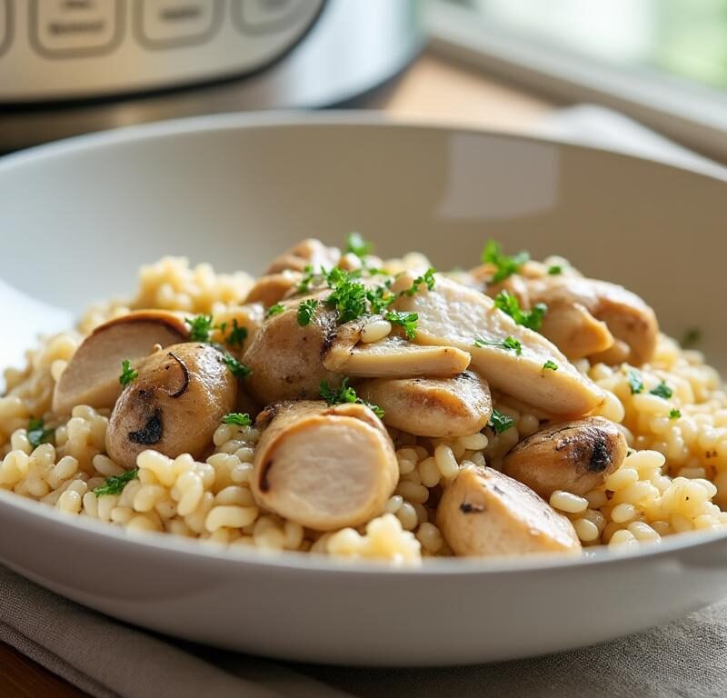 découvrez une recette express de risotto crémeux au poulet et champignons, réalisable rapidement à la cocotte minute pour un repas savoureux et facile.