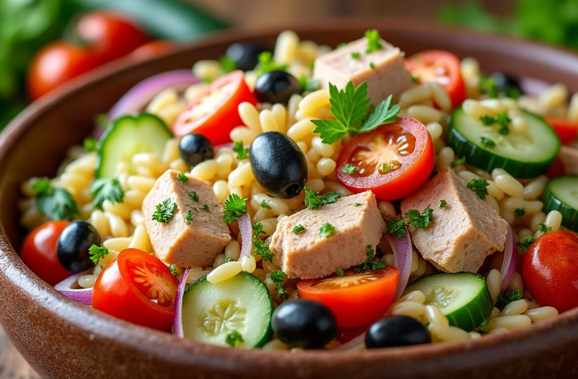 découvrez notre recette simple et gourmande de salade d’orzo au thon, un repas sain et complet parfait pour toutes vos envies légères et savoureuses.