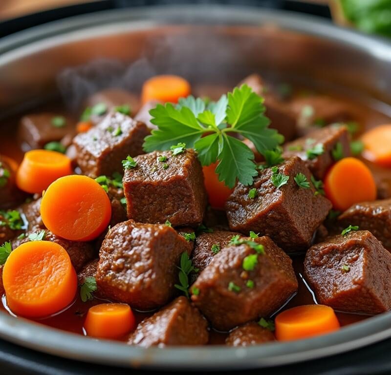 découvrez notre recette de tendre bœuf aux carottes mijoté en cocotte-minute, relevée d'un savoureux mélange de cumin et coriandre pour un plat parfumé et fondant en bouche.